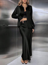 Privรฉ Solid Button Front Satin Shirt & Bias Cut Skirt Without Belt shein